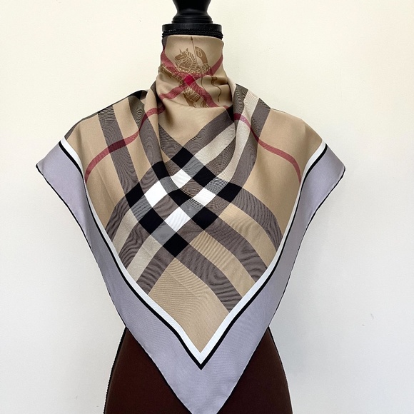 Display # 3 Burberry Scarf Classic Beige Check Gray Border Silk Wrap - Picture 3 of 15